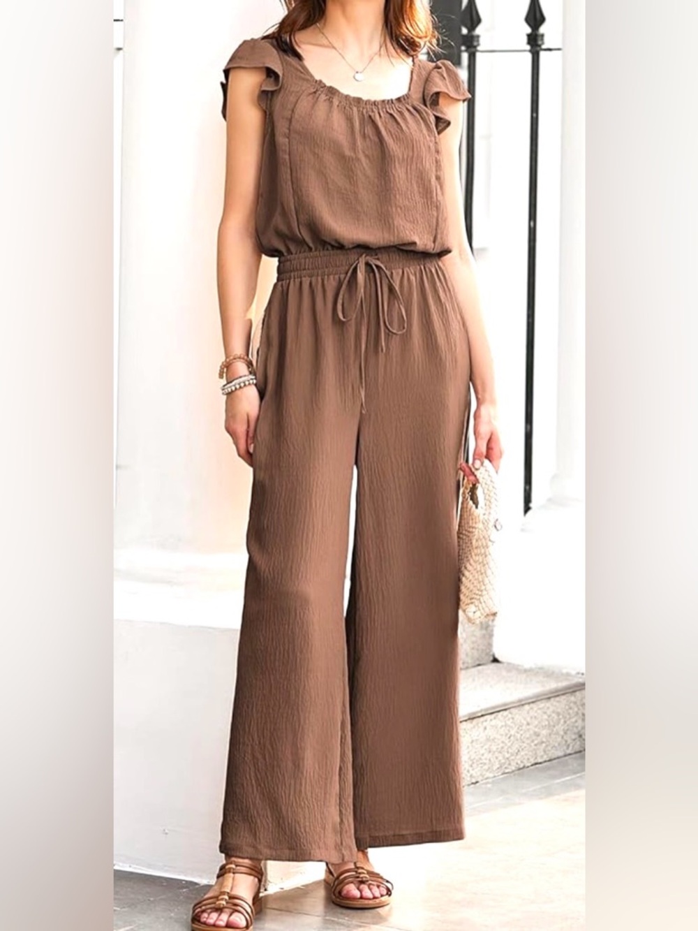 Women’s Brown Wide leg Jumpsuit with ruffle sleeves, drawstring & pockets /  XL